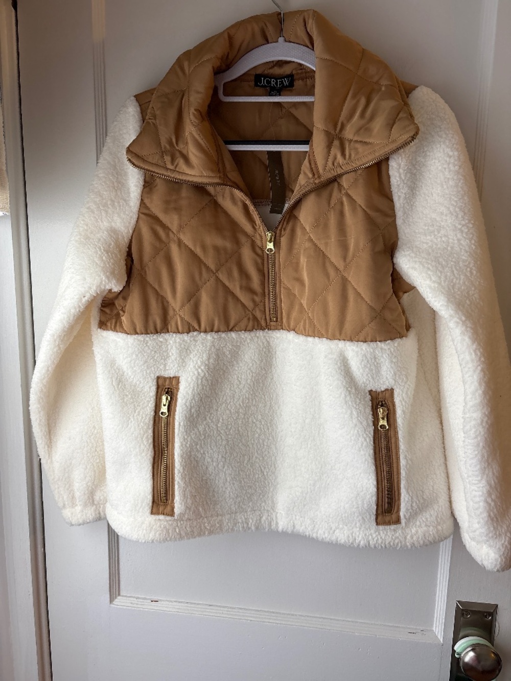 JCrew  Quilted sherpa fleece half-zip pullover, Ivory, Sz XS, NWT
